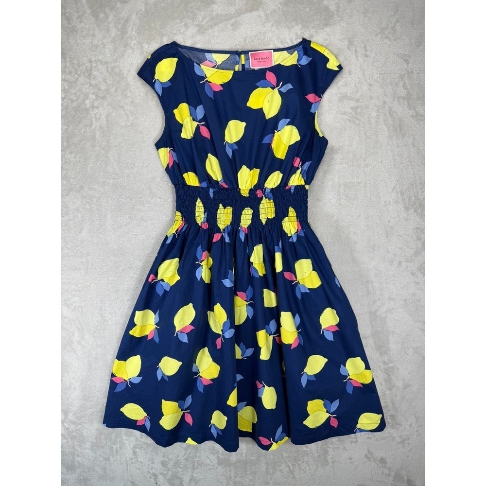 Kate Spade Lemon Zest Blaire Dress Size 8 Navy Lemon Print Smocked Twee Cotton